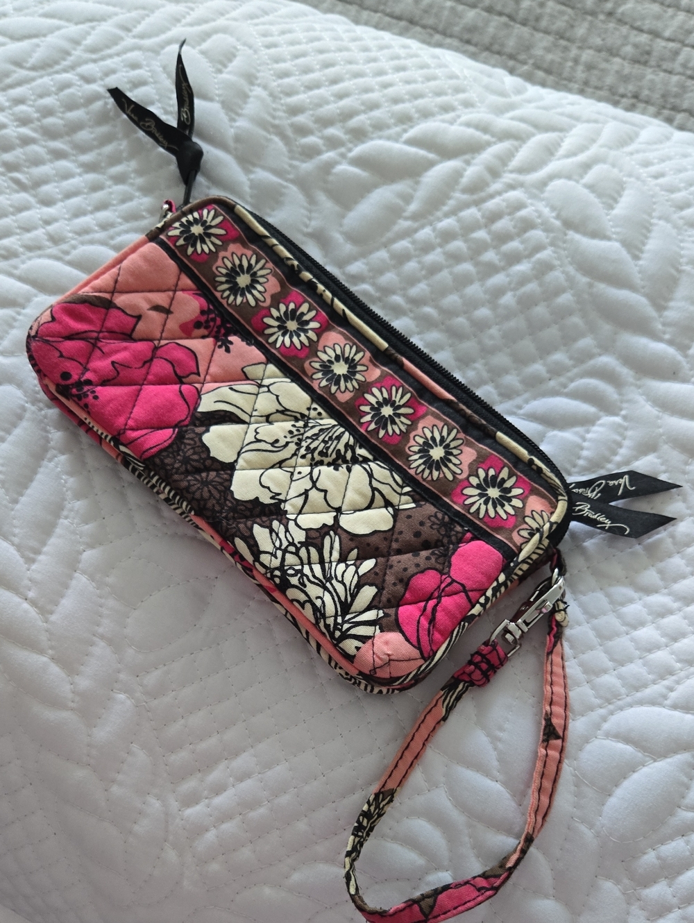 Vera Bradley Floral Quilted Wristlet Wallet in Pink and Brown.
